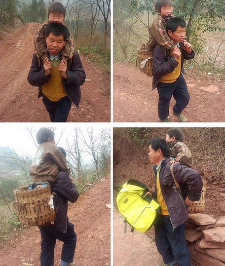 Šis tēvs katru dienu nes savu traumēto dēlēnu uz skolu. Distance - 29 kilometri