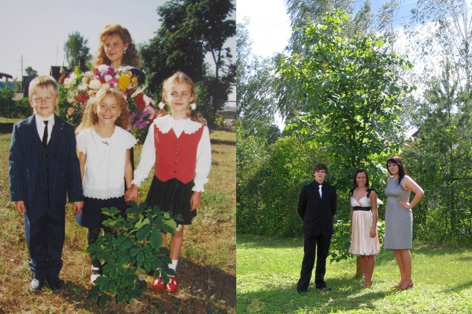 1997.gada 1.septembris. Sabīne Čakša stāsta: „Fotogrāfijā ir redzama sākumskolas (tagad pamatskolas) skolotāja Ilze Čevere un mēs, viņas pirmie audzēkņi - Jānis Veide, Zane Krūmiņa un Sabīne Čakša. Un kastanis, kas nu jau kļuvis par lielu koku. Foto uzņemts pie sākumskolas, kas vēlāk kļuva par vakarskolu. Visi trīs kopā gājām bērnudārzā, vēlāk vienā klasē un absolvējām Jēkabpils Valsts ģimnāziju paralēlklasēs”.