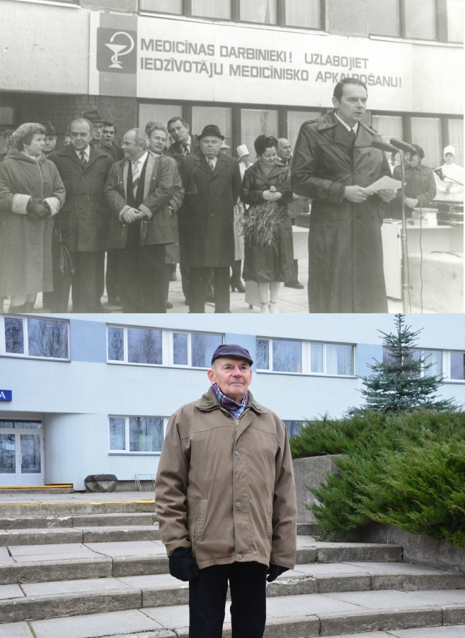 Viesturs Skrodelis, Jēkabpils rajona slimnīcas galvenais ārsts un LOR’s, sakot svinīgo uzrunu Jēkabpils poliklīnikas atklāšanā 1984.gadā