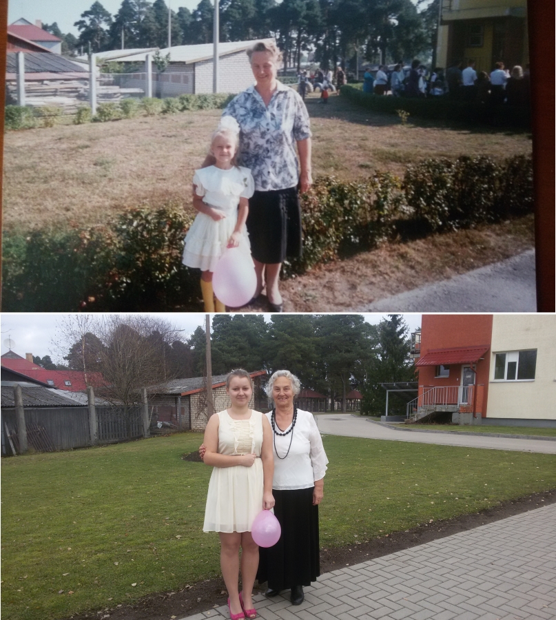 Ilze ar vecmāmiņu Mariju pie Jēkabpils sākumskolas 1996.gada 1.septembrī, kad Ilze uzsāka mācības 1.klasē. Tagad sākumskolas telpās atrodas pirmsskolas izglītības iestāde „Zvaniņš”.
