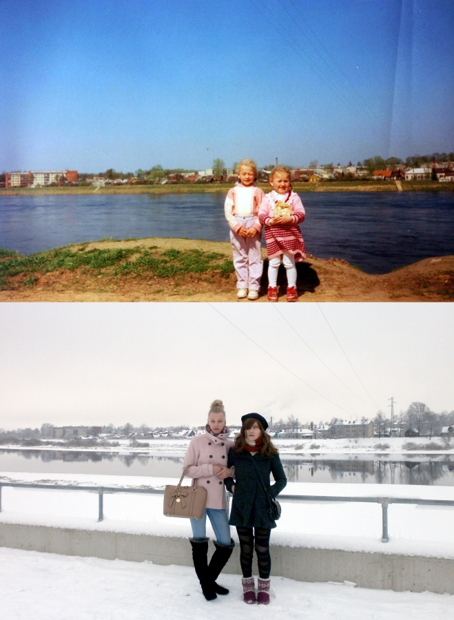 Māsas Santa Aļeiņikova un Marika Aļeiņikova, 1995.gada vasara, Jēkabpils aizsargdambis pie Daugavas. Mūsdienās dambis ir rekonstruēts un pilda ne tikai aizsargdambja funkciju, bet arī labiekārtots kā promenāde.