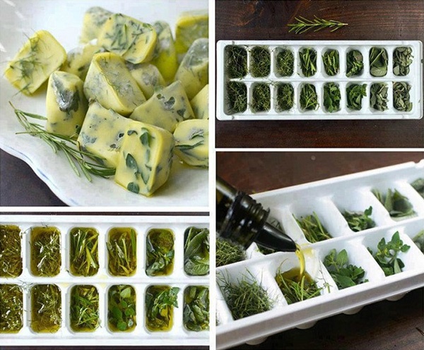 Dažādus zaļumus vari iebērt ledus saldēšanas trauciņā un pārliet ar olīveļļu.
