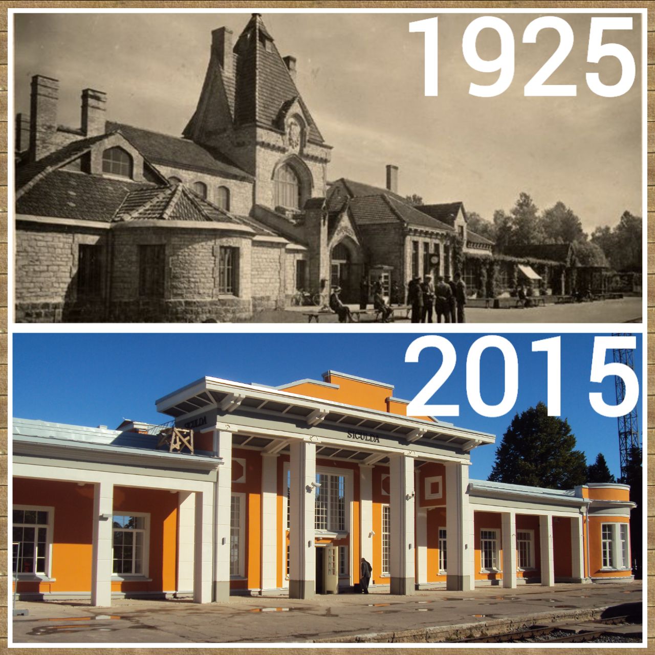 Iespaidīgā dzelzceļa stacija uzbūvēta ap 1925 gadu. 2 pasaules kara laikā nobombardēta. Tā vietā PSRS uzbūvēja savu dzelzceļa staciju. 2014 gadā tā tika renovēta. Siguldas stacija