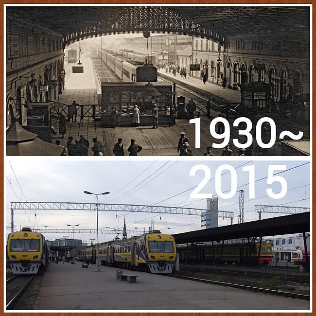 Ļoti reta fotogrāfija, kas uzņemta ap 1930. gadu. Toreiz Rīgas dzelzceļa staciju rotāja jumta karkass virs peroniem. Toreizējā stacija nojaukta 1959 gadā. Tagad tur slejas tirdzniecībs centrs "Origo"
