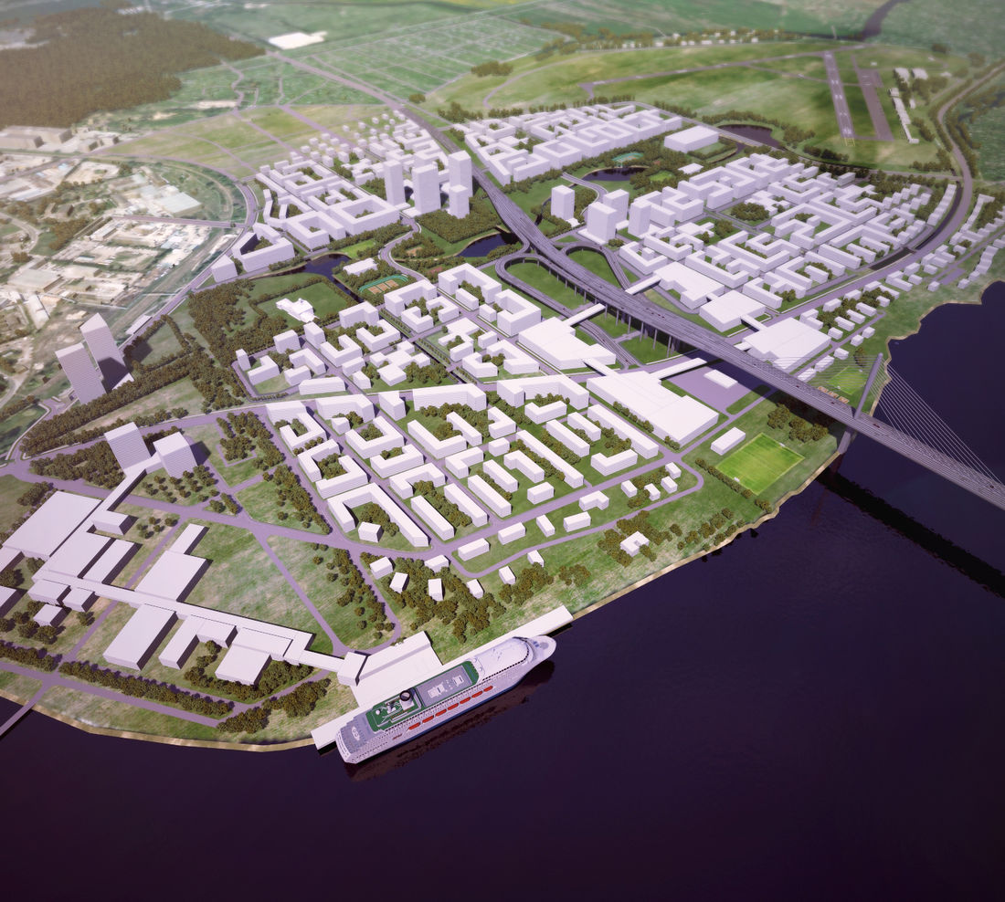 Rajona unikalitāte slēpjas tajā, ka tas atrodas Daugavas krastā, netālu no Baltijas jūras. Šeit ir daudz zaļās teritorijas, ūdenstilpņu un kanālu, kuru tīklu būtu iespējams papildināt, aprīkojot rajonu ar ūdens transportu un atpūtas iespējām pie ūdens. Par rajona centru varētu kļūt parks, kas būtu izveidots apkārt aviācijas muzejam. Gar parku plānots izvietot ofisu ēkas. Teritorijas austrumu un rietumu daļās atrastos dzīvojamās ēkas, kas izvietotas gar zaļās zonas perimetru.