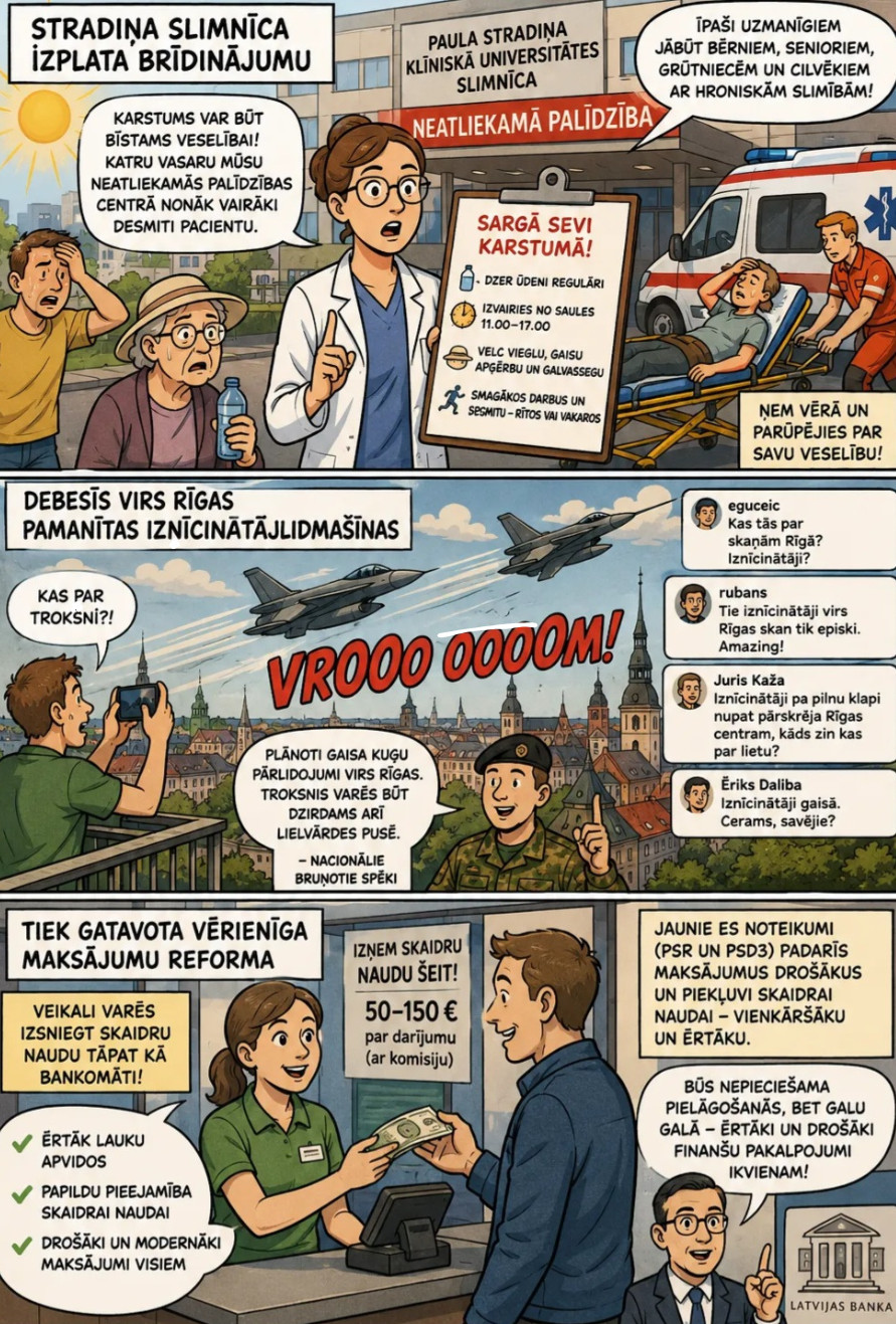 AI veidots dienas ziņu komikss par trim svarīgākajām dienas ziņām - 26.06.2026