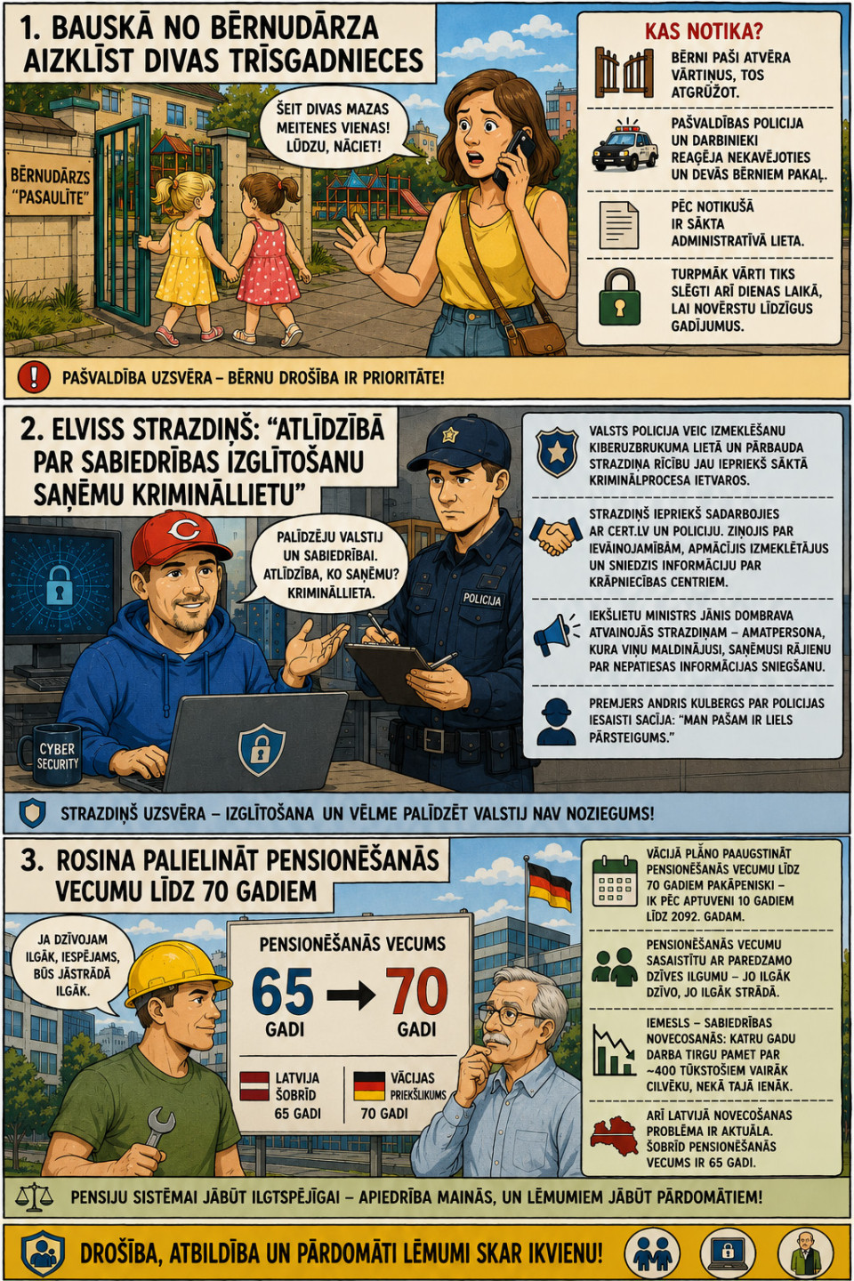 AI veidots dienas ziņu komikss par trim svarīgākajām dienas ziņām - 30.06.2026
