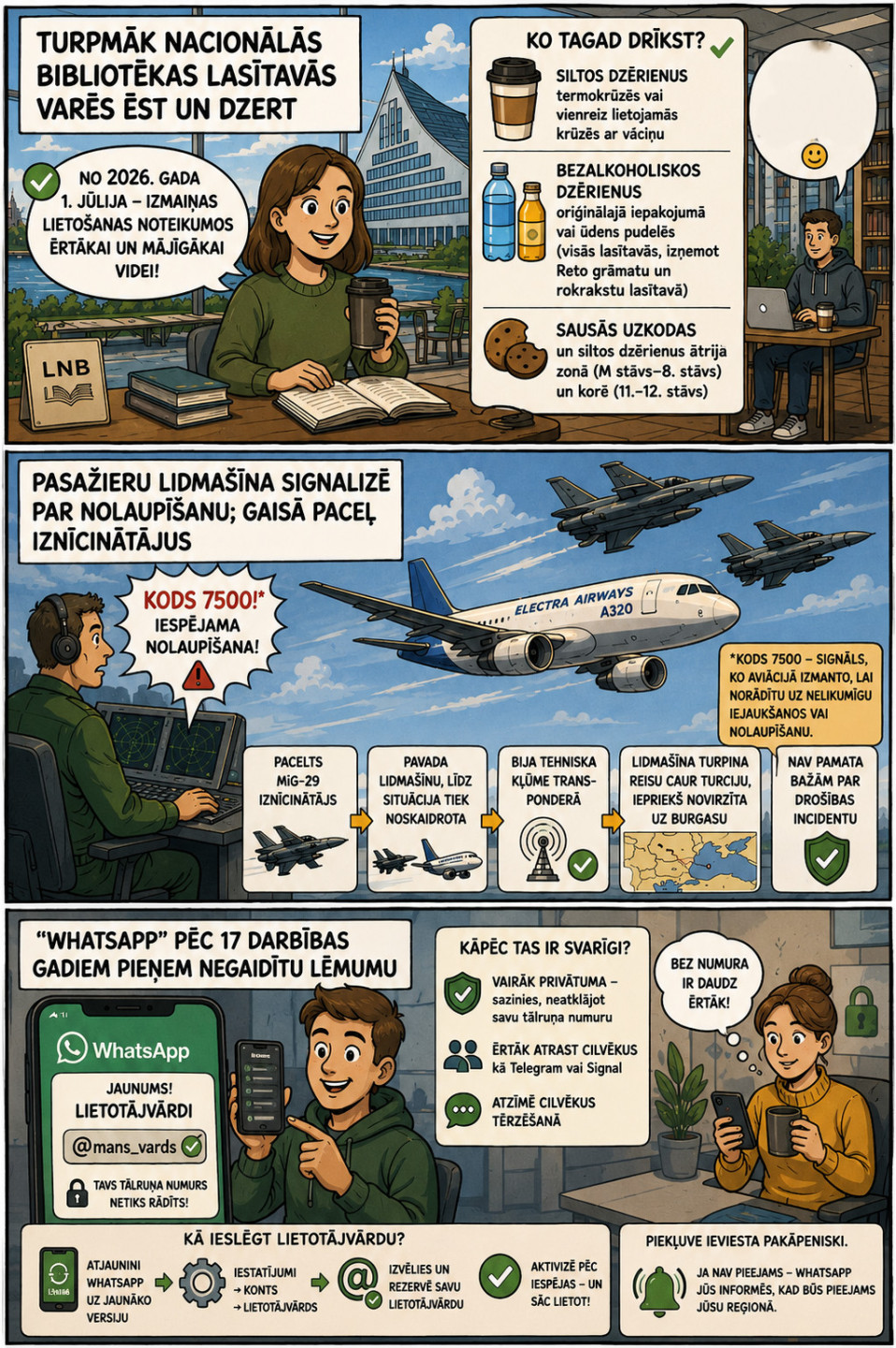 AI veidots dienas ziņu komikss par trim svarīgākajām dienas ziņām - 02.07.2026