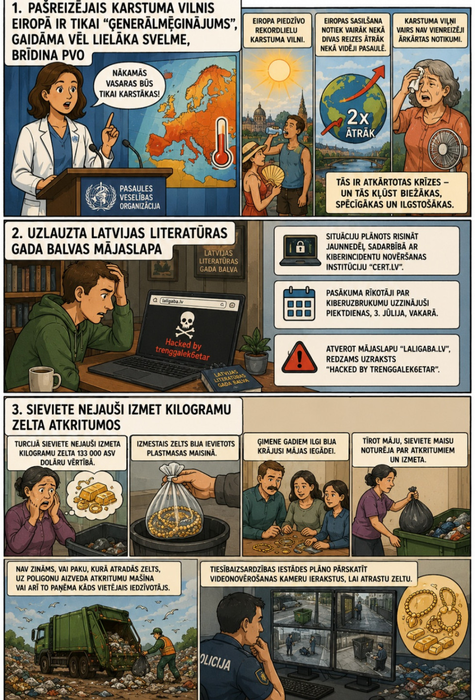 AI veidots dienas ziņu komikss par trim svarīgākajām dienas ziņām - 05.07.2026