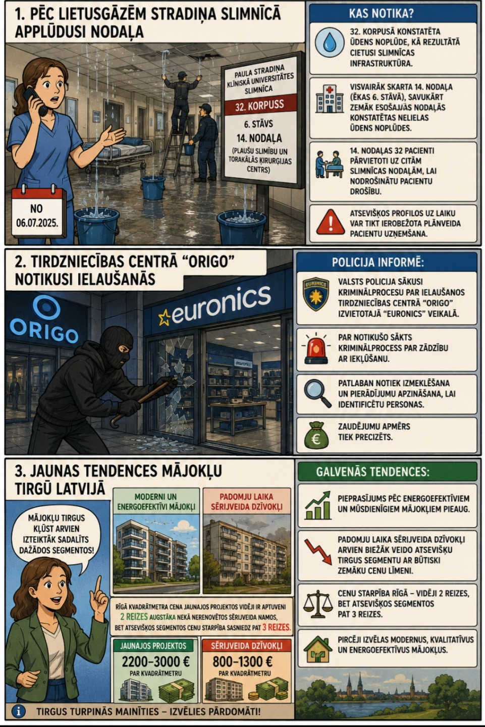 AI veidots dienas ziņu komikss par trim svarīgākajām dienas ziņām - 06.07.2026