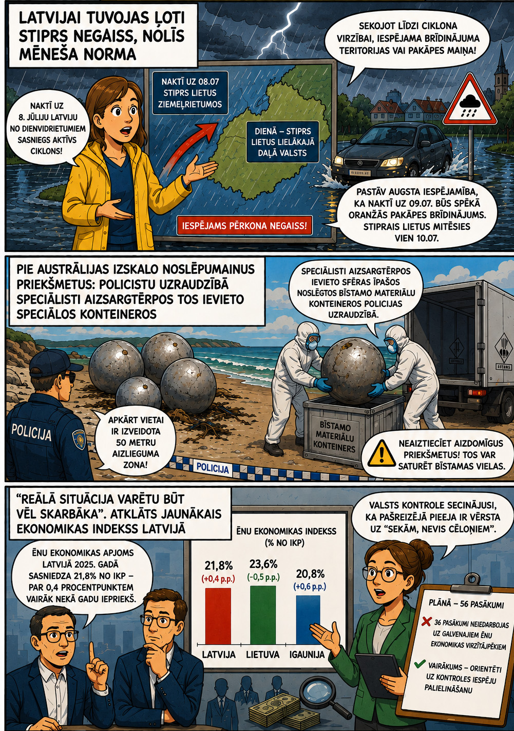 AI veidots dienas ziņu komikss par trim svarīgākajām dienas ziņām - 07.07.2026