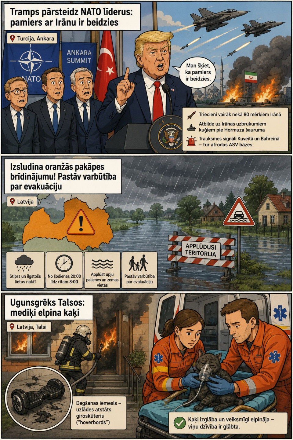 AI veidots dienas ziņu komikss par trim svarīgākajām dienas ziņām - 08.07.2026