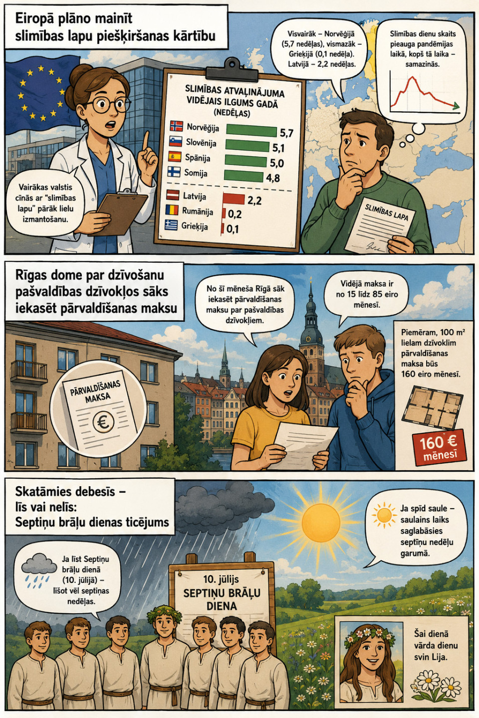 AI veidots dienas ziņu komikss par trim svarīgākajām dienas ziņām - 10.07.2026