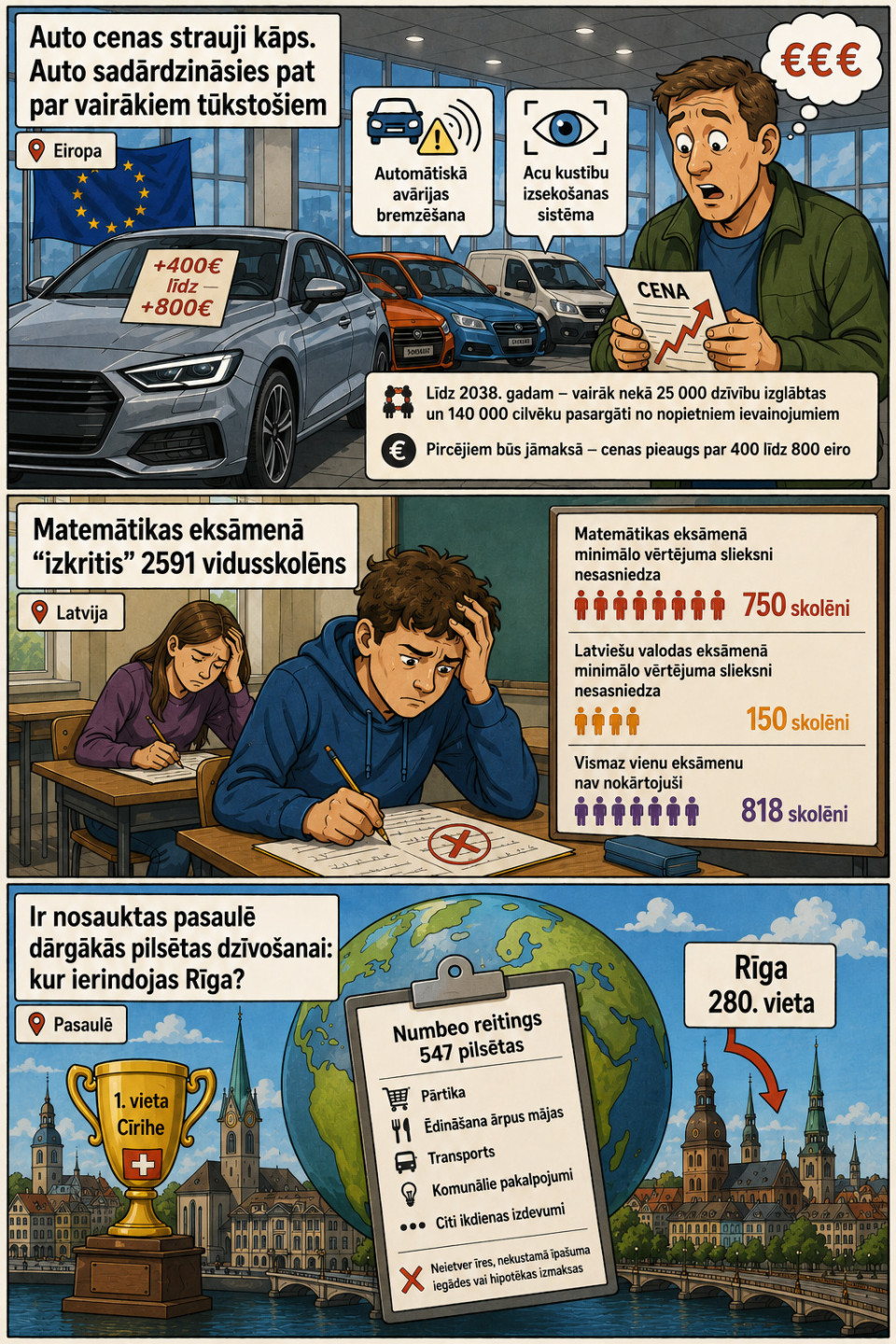 AI veidots dienas ziņu komikss par trim svarīgākajām dienas ziņām - 14.07.2026