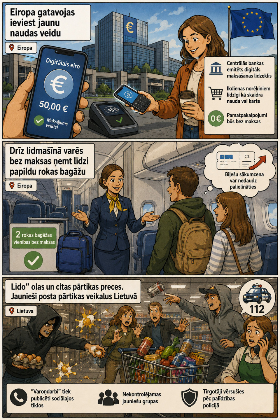 AI veidots dienas ziņu komikss par trim svarīgākajām dienas ziņām - 15.07.2026