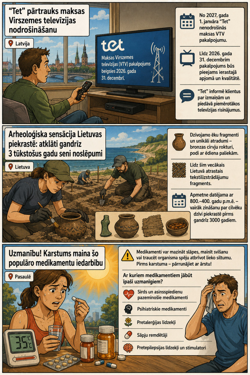 AI veidots dienas ziņu komikss par trim svarīgākajām dienas ziņām - 16.07.2026