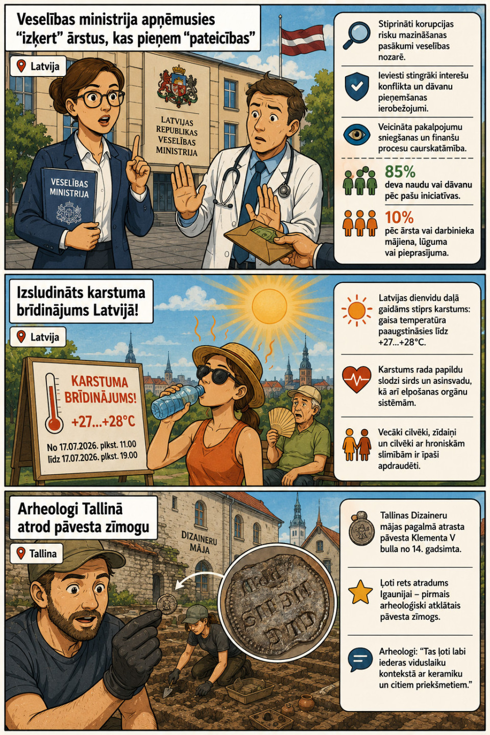 AI veidots dienas ziņu komikss par trim svarīgākajām dienas ziņām - 17.07.2026