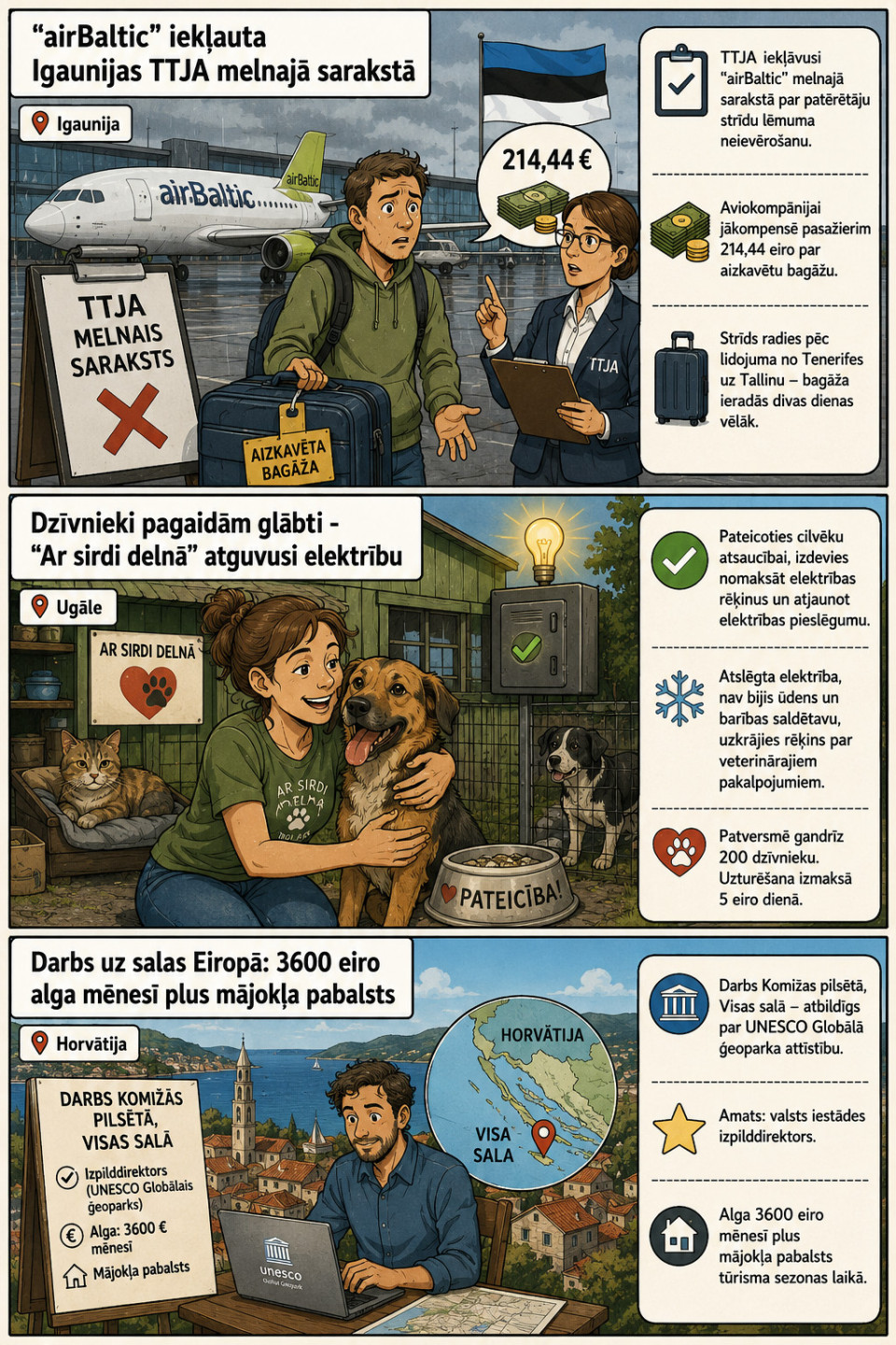 AI veidots dienas ziņu komikss par trim svarīgākajām dienas ziņām - 20.07.2026