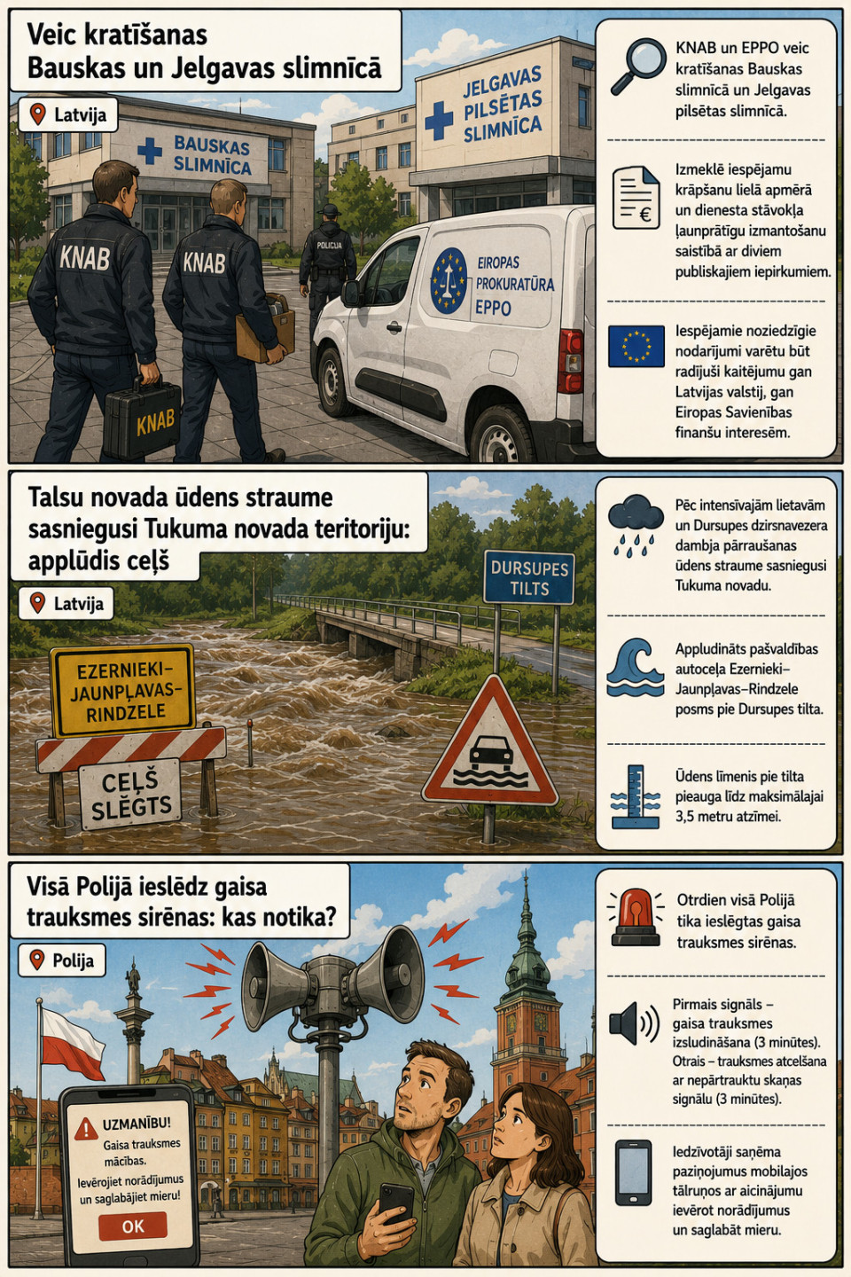 AI veidots dienas ziņu komikss par trim svarīgākajām dienas ziņām - 22.07.2026