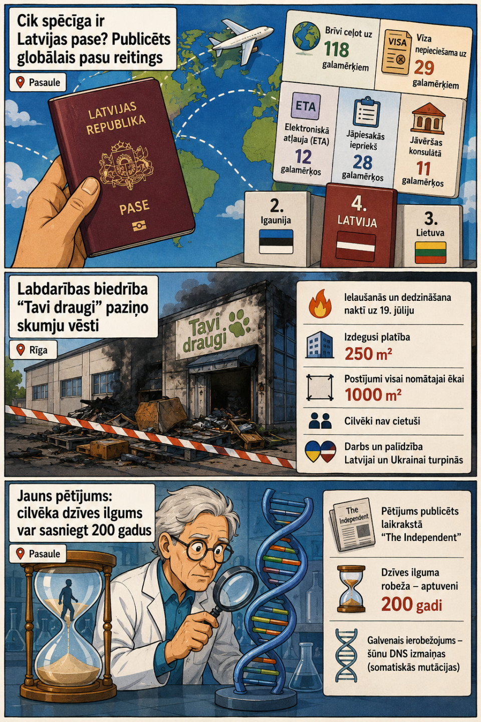 AI veidots dienas ziņu komikss par trim svarīgākajām dienas ziņām - 24.07.2026