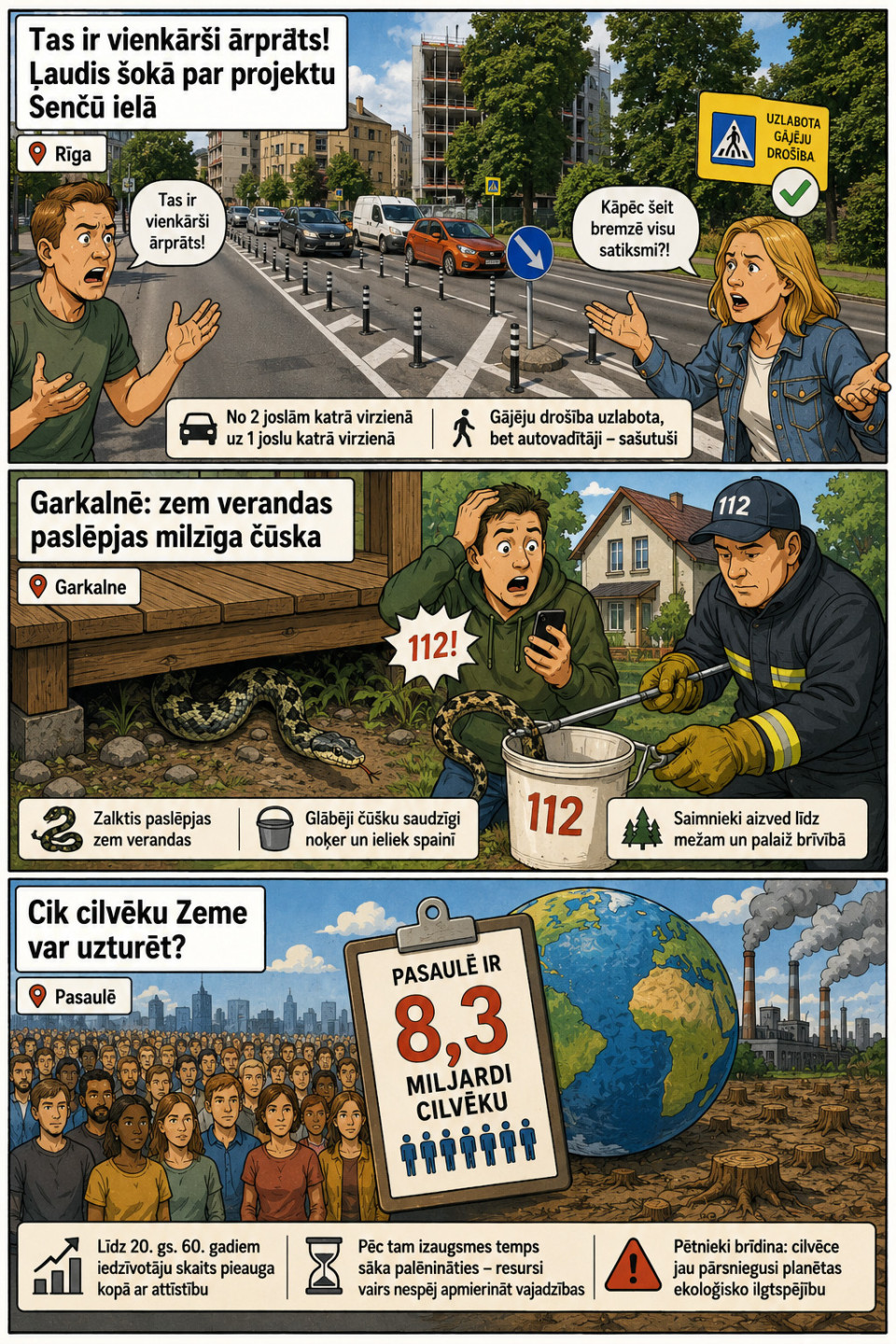 AI veidots dienas ziņu komikss par trim svarīgākajām dienas ziņām - 27.07.2026