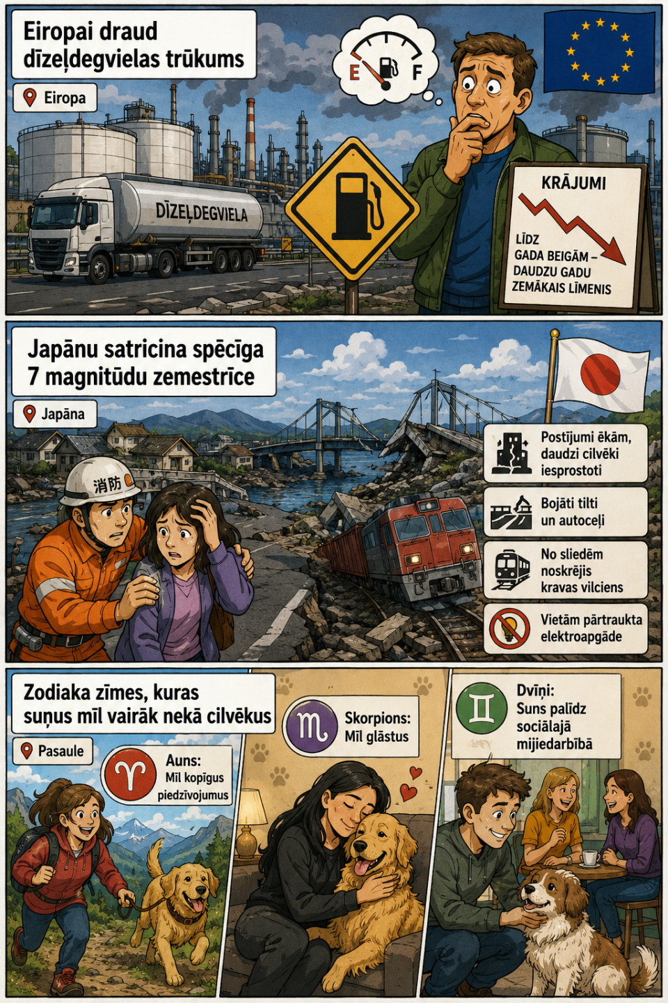 AI veidots dienas ziņu komikss par trim svarīgākajām dienas ziņām - 28.07.2026
