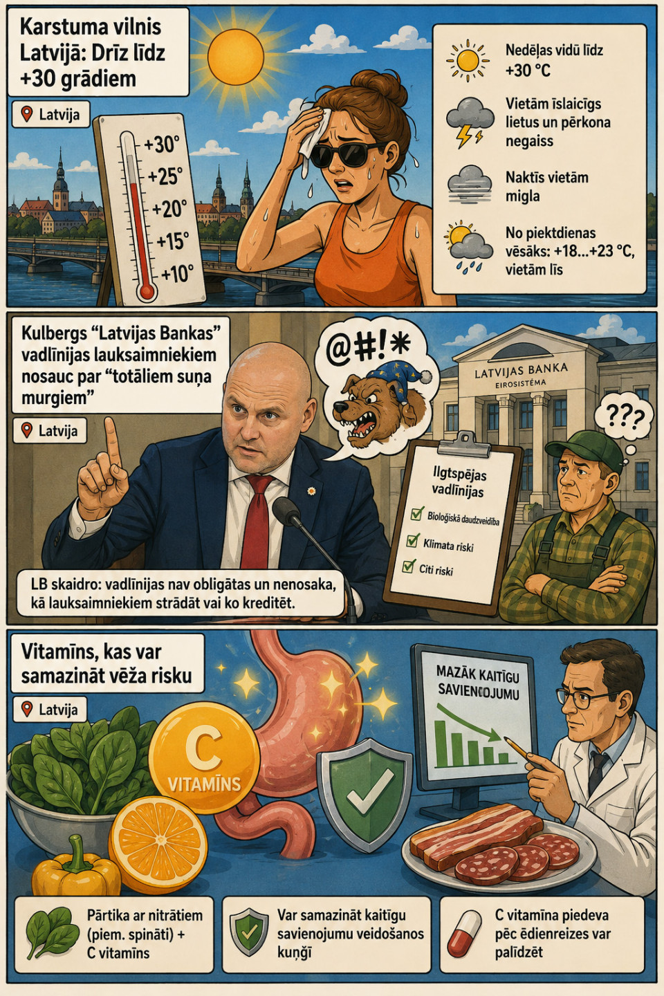 AI veidots dienas ziņu komikss par trim svarīgākajām dienas ziņām - 03.08.2026