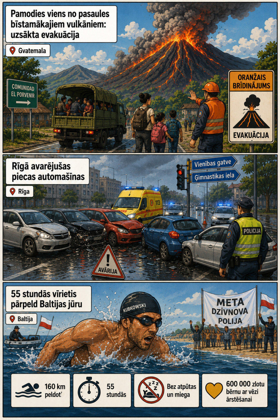AI veidots dienas ziņu komikss par trim svarīgākajām dienas ziņām - 04.08.2026