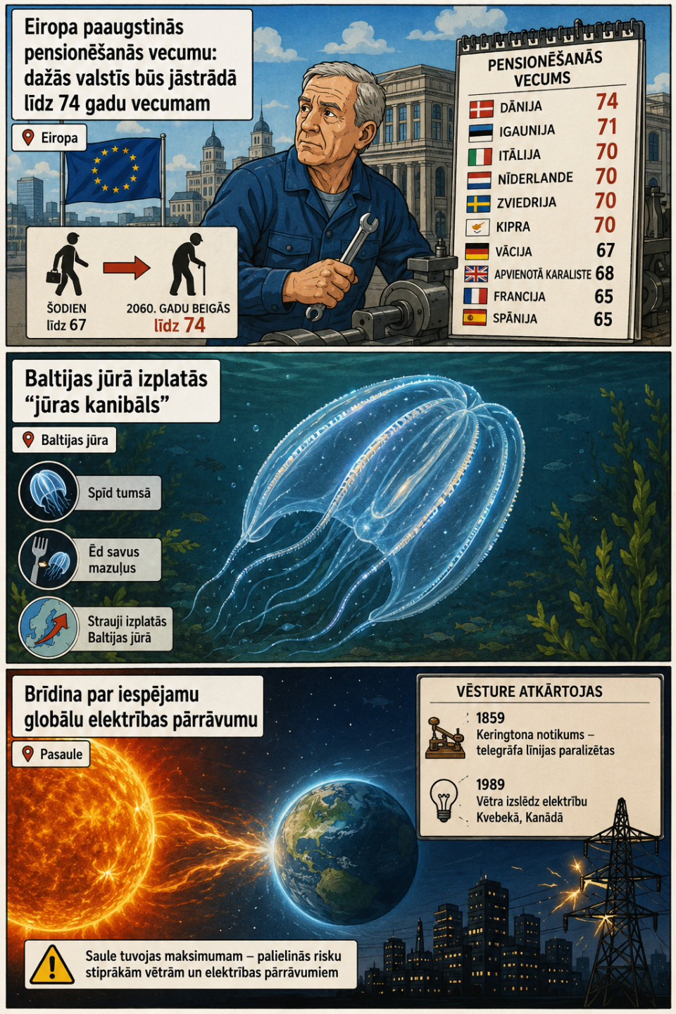AI veidots dienas ziņu komikss par trim svarīgākajām dienas ziņām - 05.08.2026
