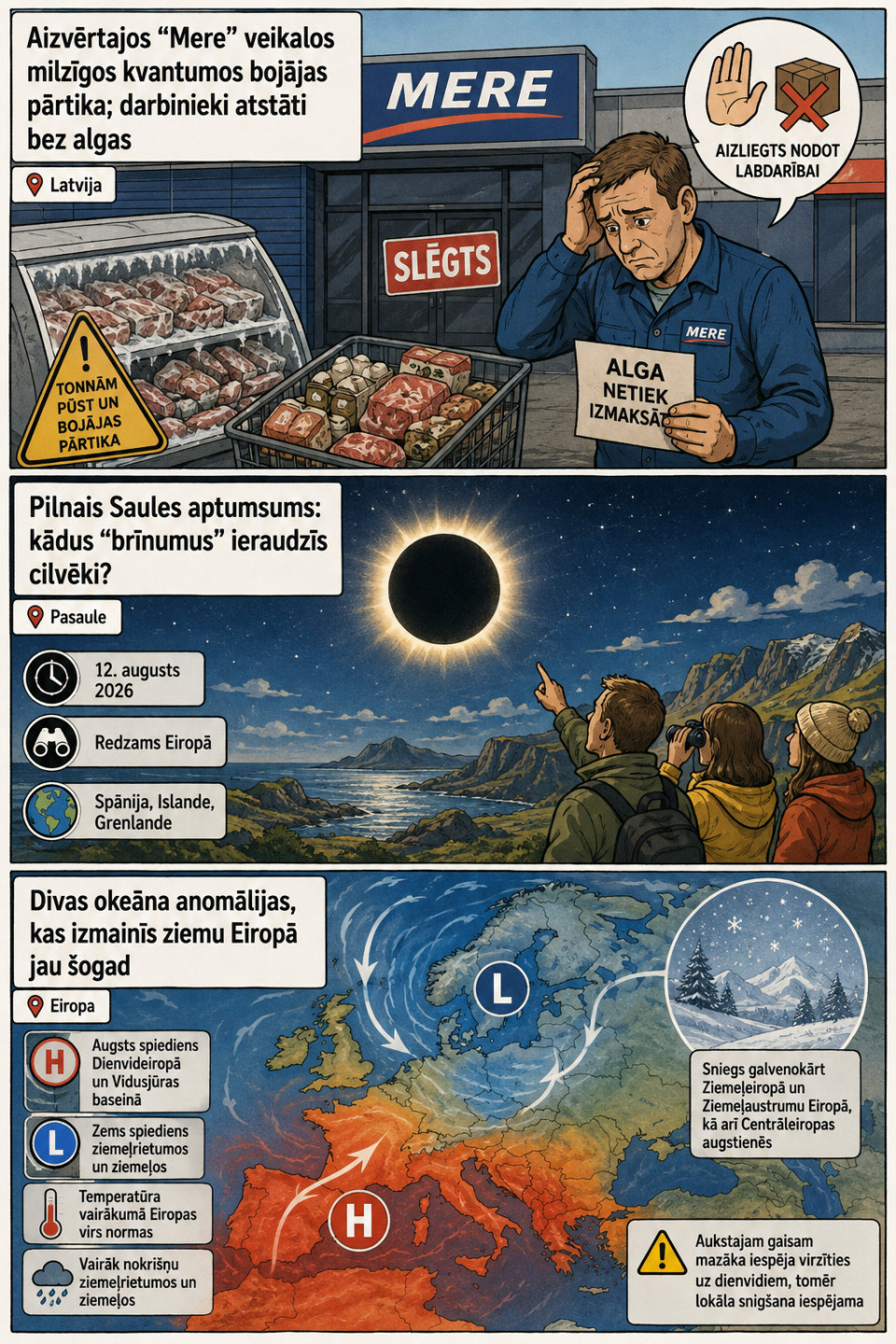 AI veidots dienas ziņu komikss par trim svarīgākajām dienas ziņām - 10.08.2026