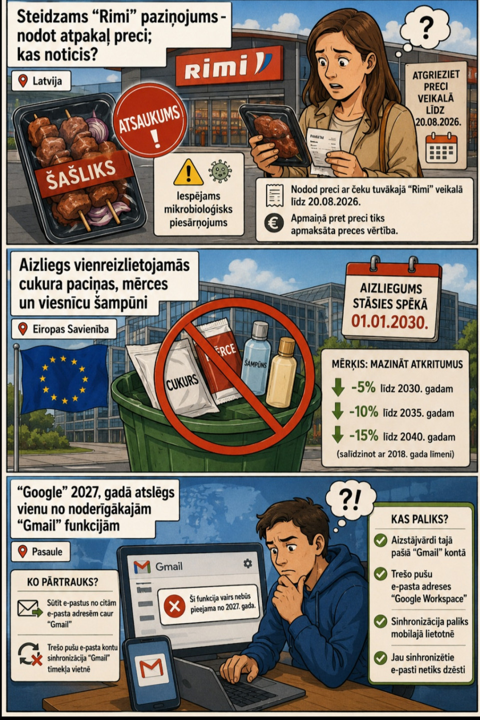 AI veidots dienas ziņu komikss par trim svarīgākajām dienas ziņām - 11.08.2026