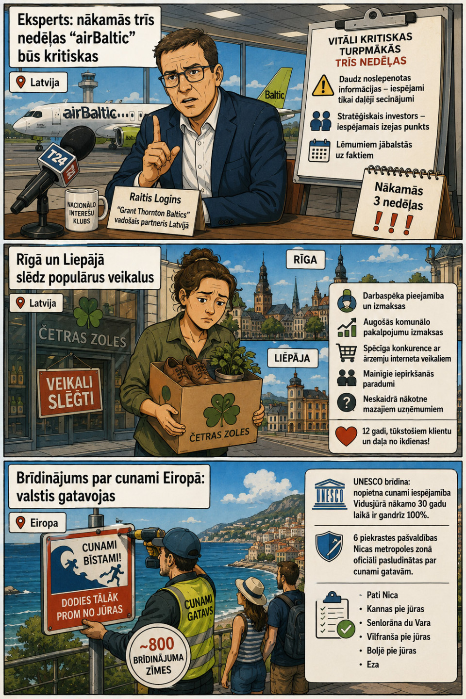 AI veidots dienas ziņu komikss par trim svarīgākajām dienas ziņām - 17.08.2026