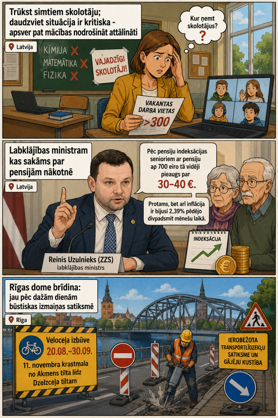 AI veidots dienas ziņu komikss par trim svarīgākajām dienas ziņām - 18.08.2026