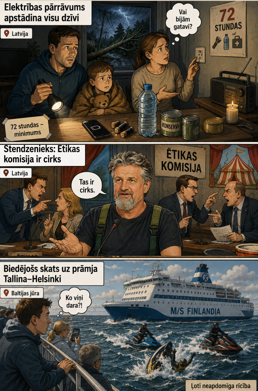 AI veidots dienas ziņu komikss par trim svarīgākajām dienas ziņām - 24.08.2026