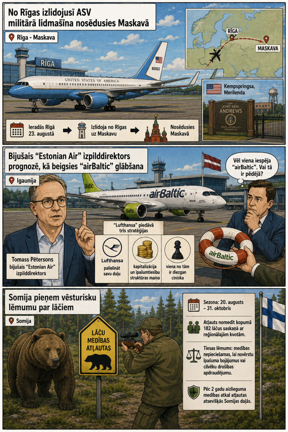 AI veidots dienas ziņu komikss par trim svarīgākajām dienas ziņām - 25.08.2026