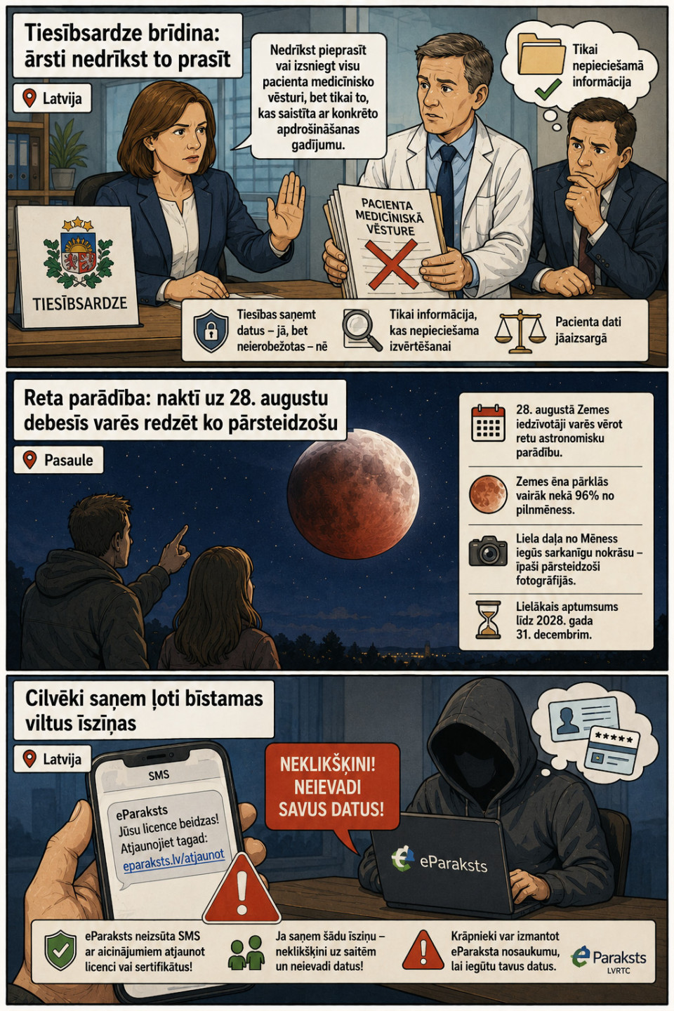 AI veidots dienas ziņu komikss par trim svarīgākajām dienas ziņām - 26.08.2026