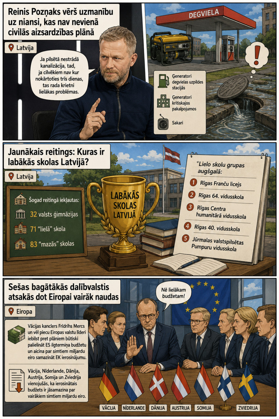 AI veidots dienas ziņu komikss par trim svarīgākajām dienas ziņām - 28.08.2026