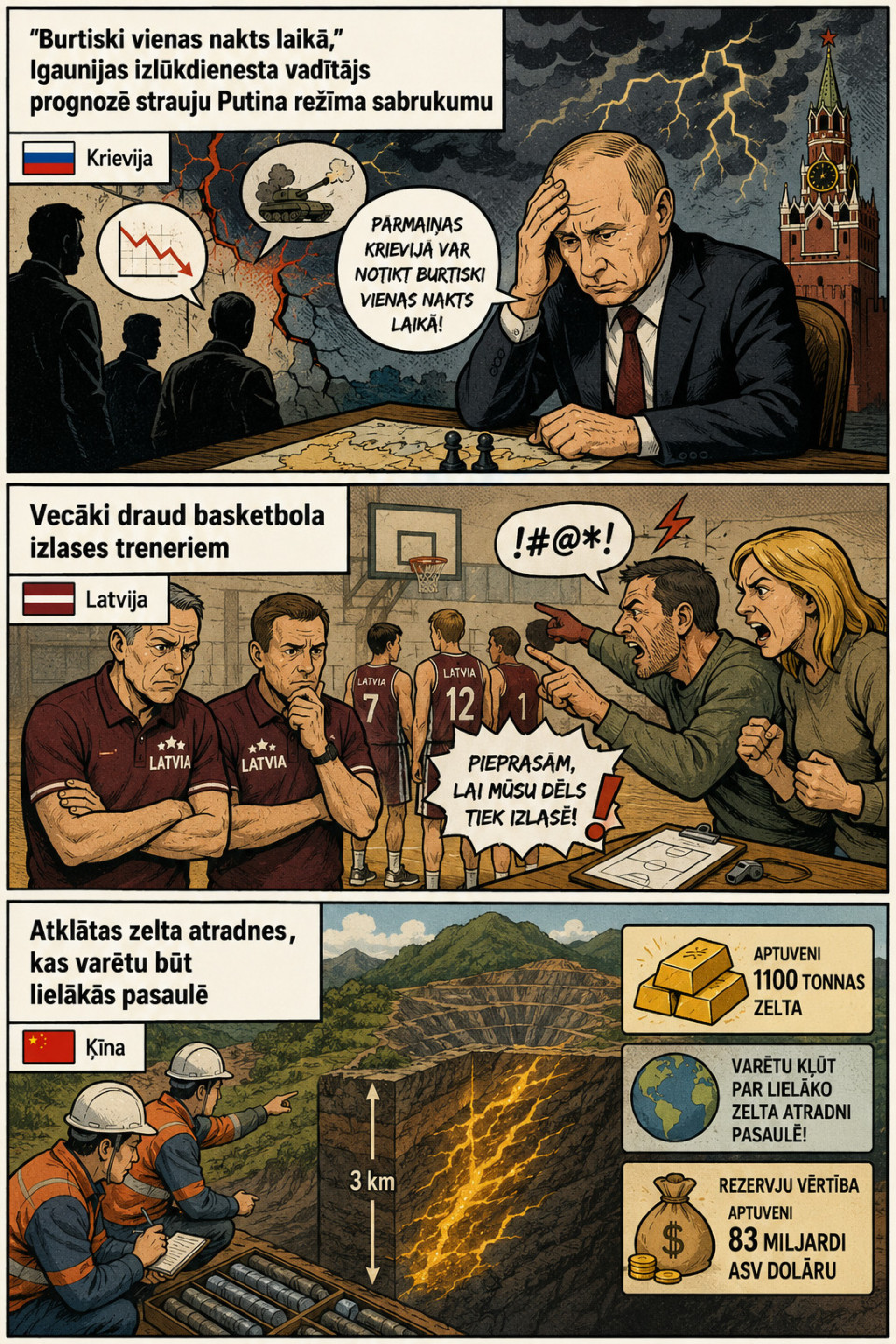 AI veidots dienas ziņu komikss par trim svarīgākajām dienas ziņām - 31.08.2026