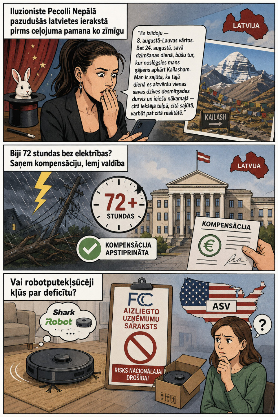 AI veidots dienas ziņu komikss par trim svarīgākajām dienas ziņām - 01.09.2026