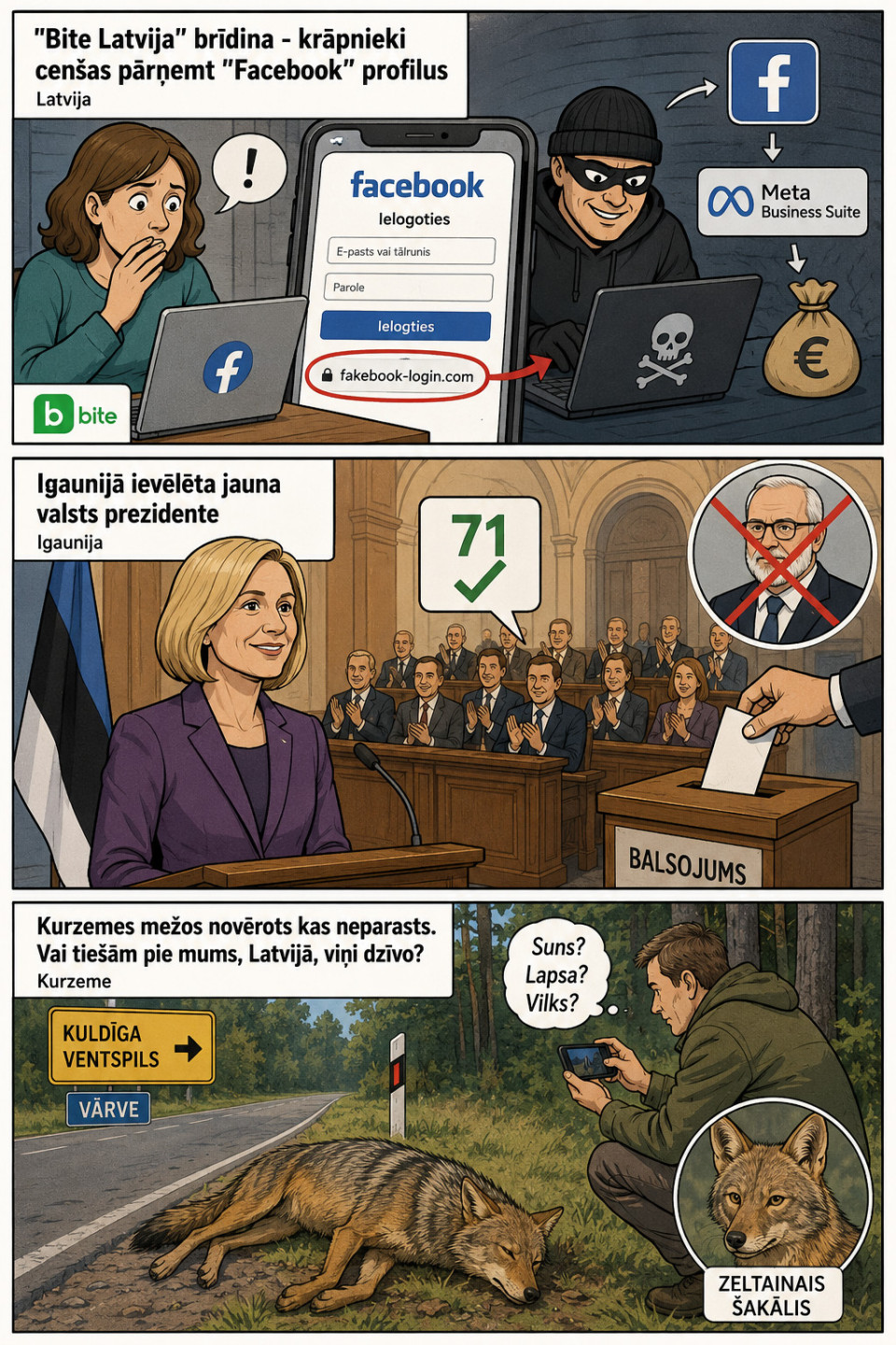 AI veidots dienas ziņu komikss par trim svarīgākajām dienas ziņām - 02.09.2026