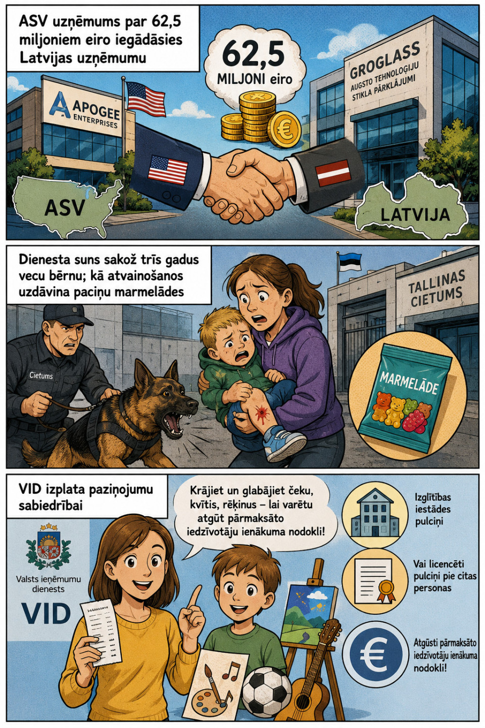 AI veidots dienas ziņu komikss par trim svarīgākajām dienas ziņām - 03.09.2026