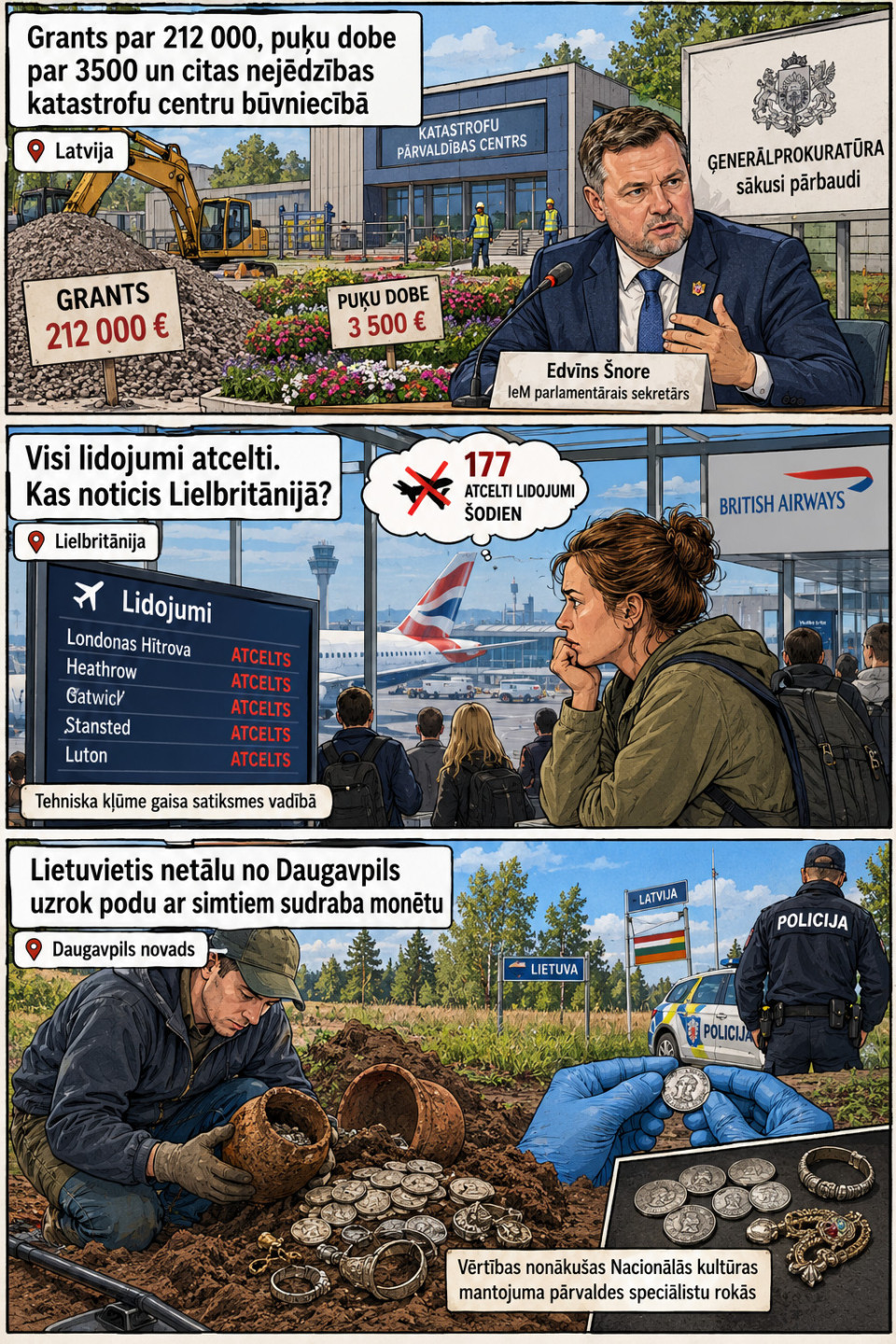 AI veidots dienas ziņu komikss par trim svarīgākajām dienas ziņām - 09.09.2026