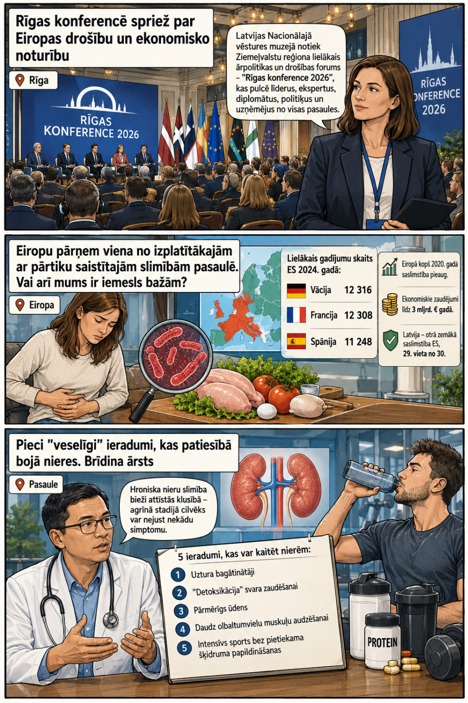 AI veidots dienas ziņu komikss par trim svarīgākajām dienas ziņām - 10.09.2026