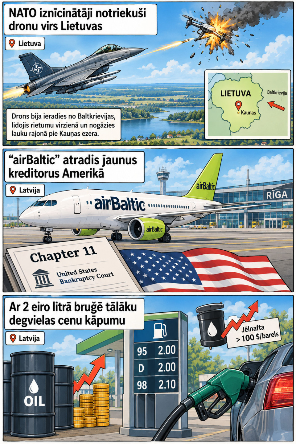 AI veidots dienas ziņu komikss par trim svarīgākajām dienas ziņām - 15.09.2026