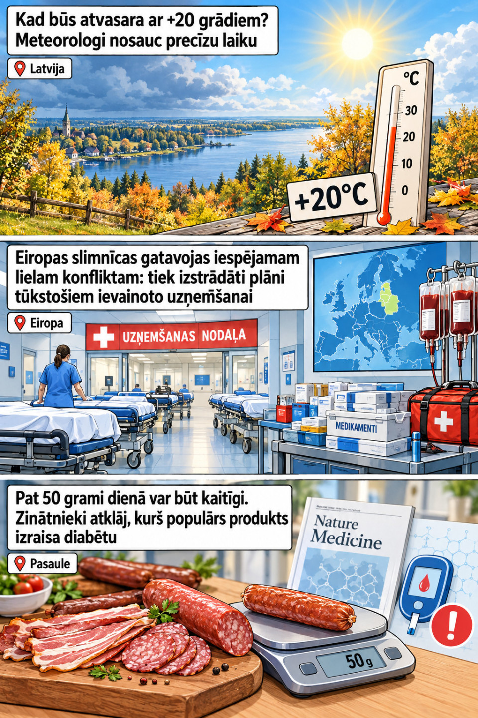 AI veidots dienas ziņu komikss par trim svarīgākajām dienas ziņām - 21.09.2026