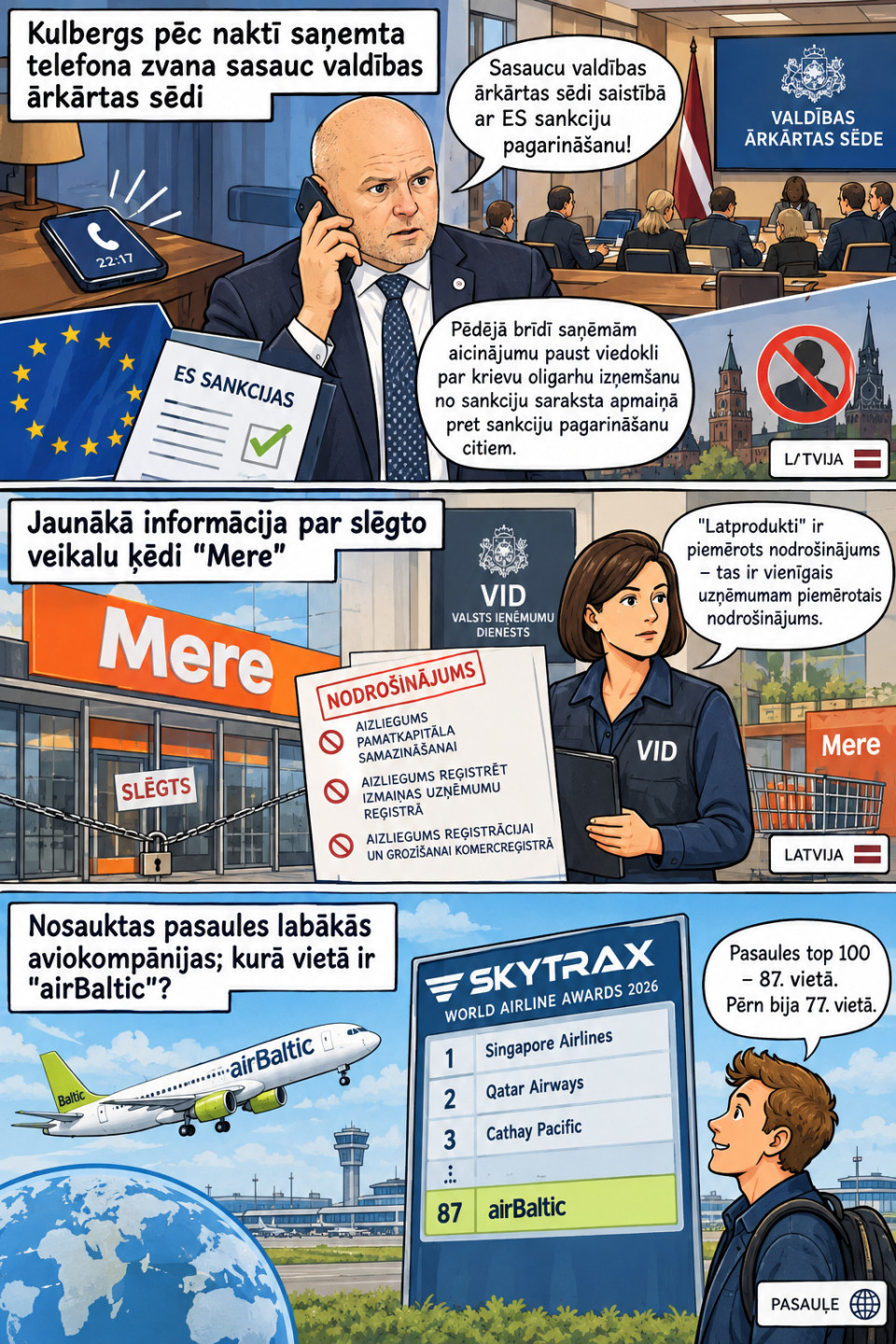 AI veidots dienas ziņu komikss par trim svarīgākajām dienas ziņām - 22.09.2026