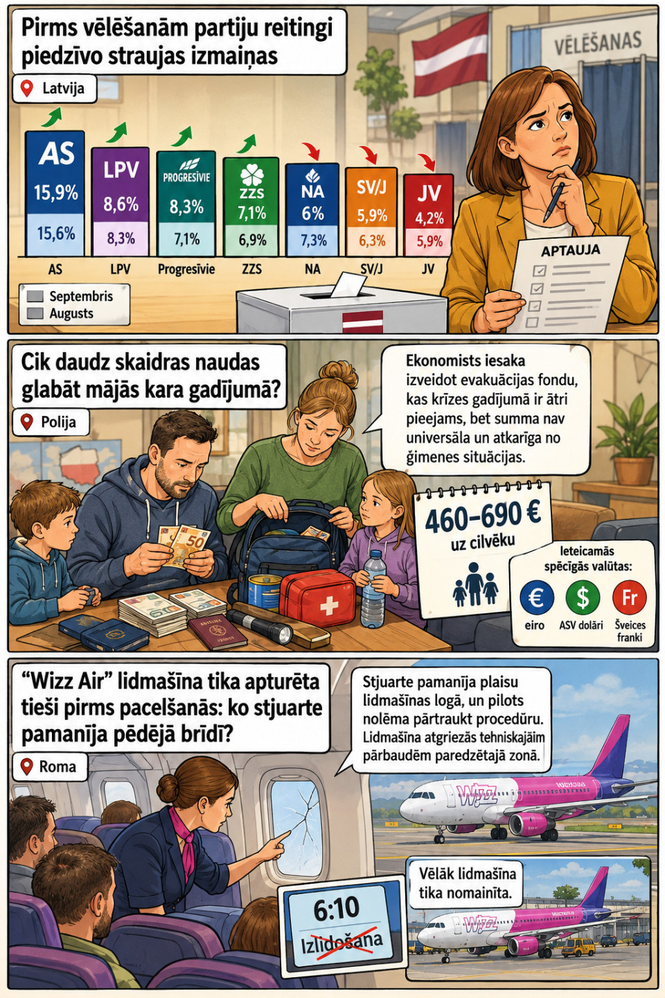 AI veidots dienas ziņu komikss par trim svarīgākajām dienas ziņām - 23.09.2026
