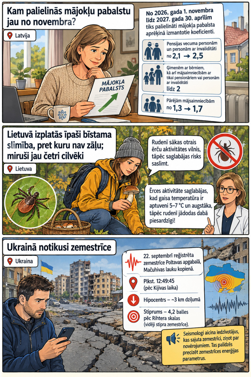 AI veidots dienas ziņu komikss par trim svarīgākajām dienas ziņām - 24.09.2026