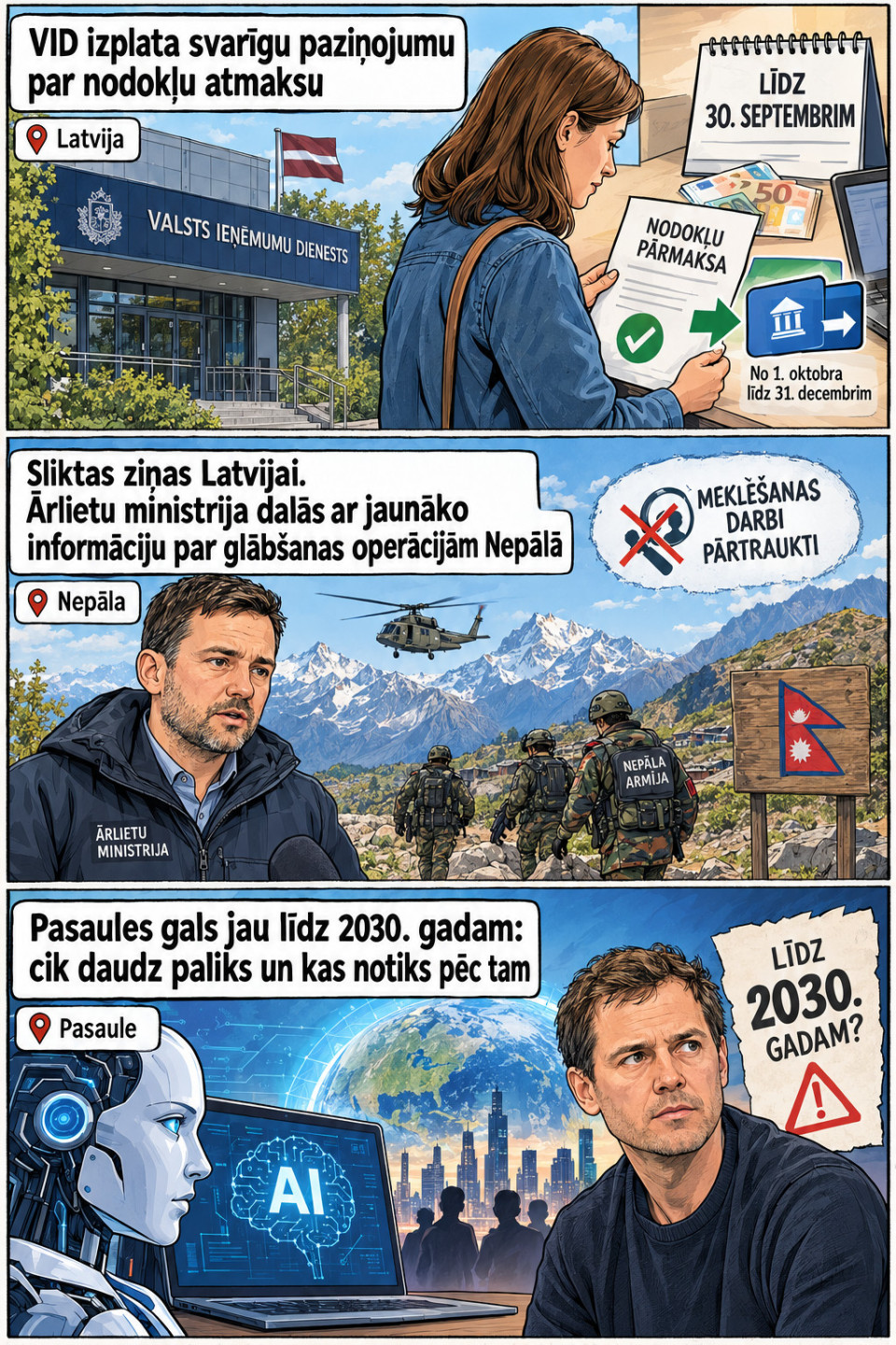 AI veidots dienas ziņu komikss par trim svarīgākajām dienas ziņām - 28.09.2026
