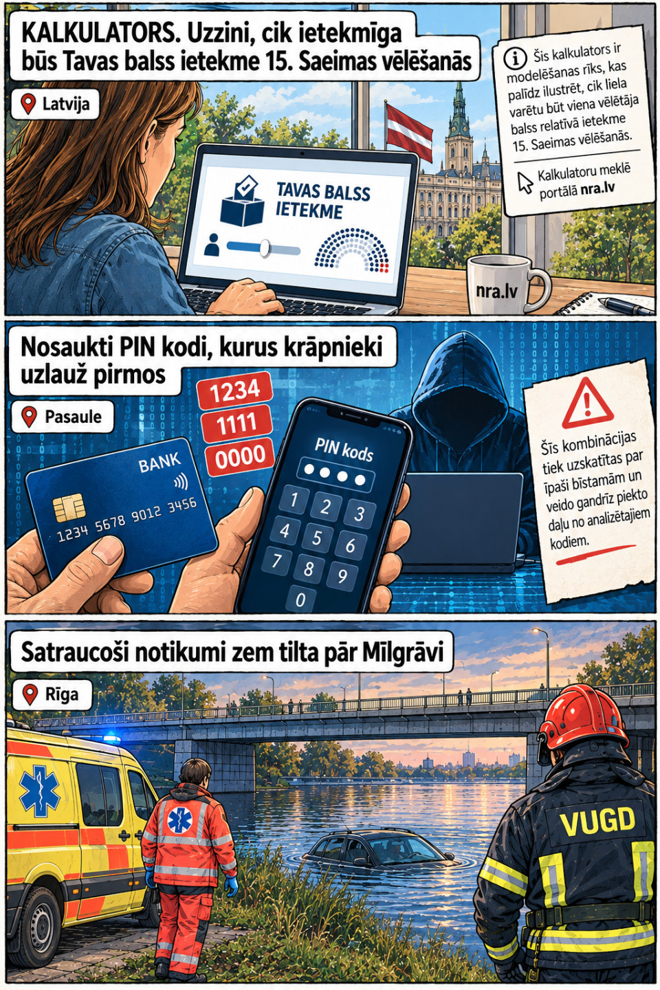 AI veidots dienas ziņu komikss par trim svarīgākajām dienas ziņām - 30.09.2026